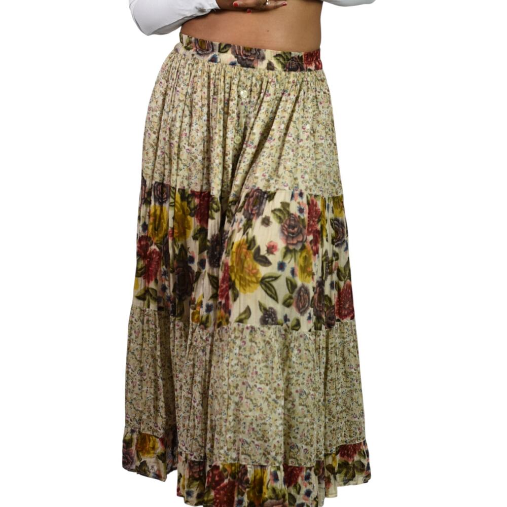 Vintage Tangibles Broomstick Skirt Tan Floral Tier Maxi Gauzy Rayon India Medium - Picture 8 of 16